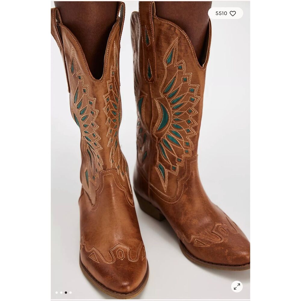 Free People Matisse Willa Western Boots Brown Turquoise Embroidered 7.5 NEW - Picture 7 of 16